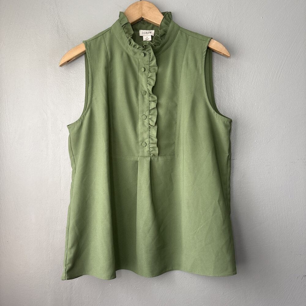 J Crew Ruffled Sleeveless Top Size 6 Green Office Siren Romantic Career Blouse